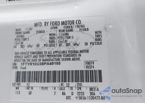 2008 Ford Ranger Sport/Xl/Xlt z USA, uszkodzony, nr VIN 1FTYR10U38PA49195